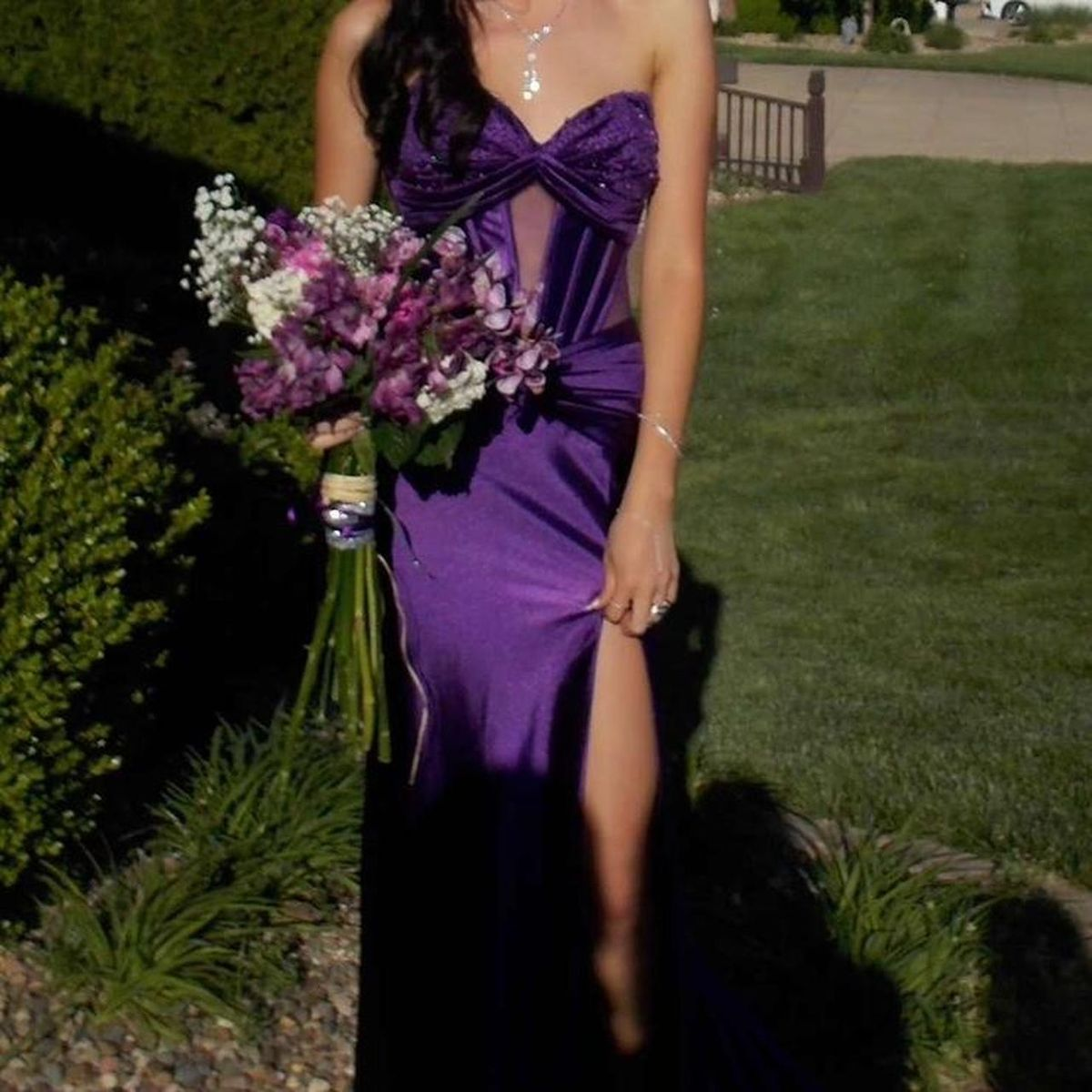 Pretty Sweetheart Neck Purple Satin Beaded Slit Mermaid Party Dress Long Prom Dresses D898