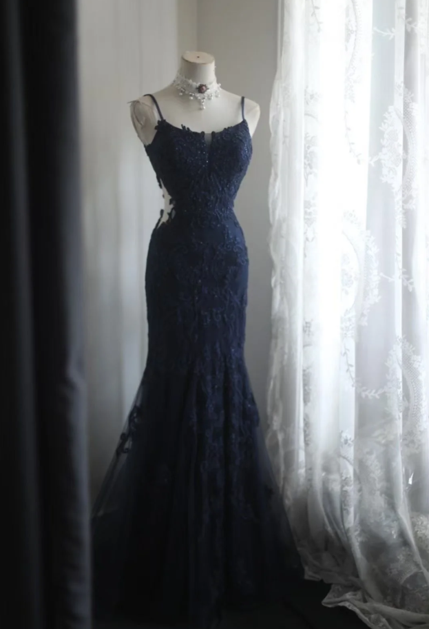 Elegant Spaghetti Straps Navy Blue Tulle Lace Appliques Mermaid Evening Dress Birthday Outfits D1268