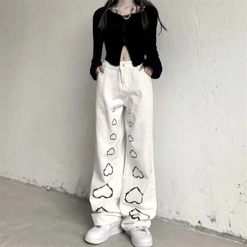 KittenAlarm - Mojoyce High Street Hot Girl Vintage Heart Print High Waist Straight Goth Baggy Jeans Woman Y2K Clothes Wide Leg Denim Pants