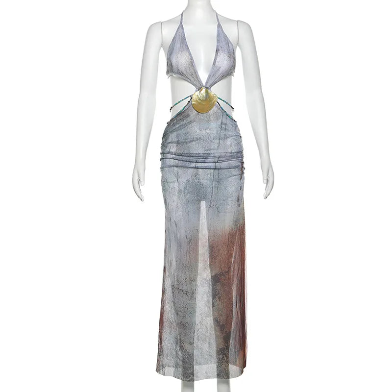 Backless Split Abstract Printed Mesh Sheer Dress - View 7