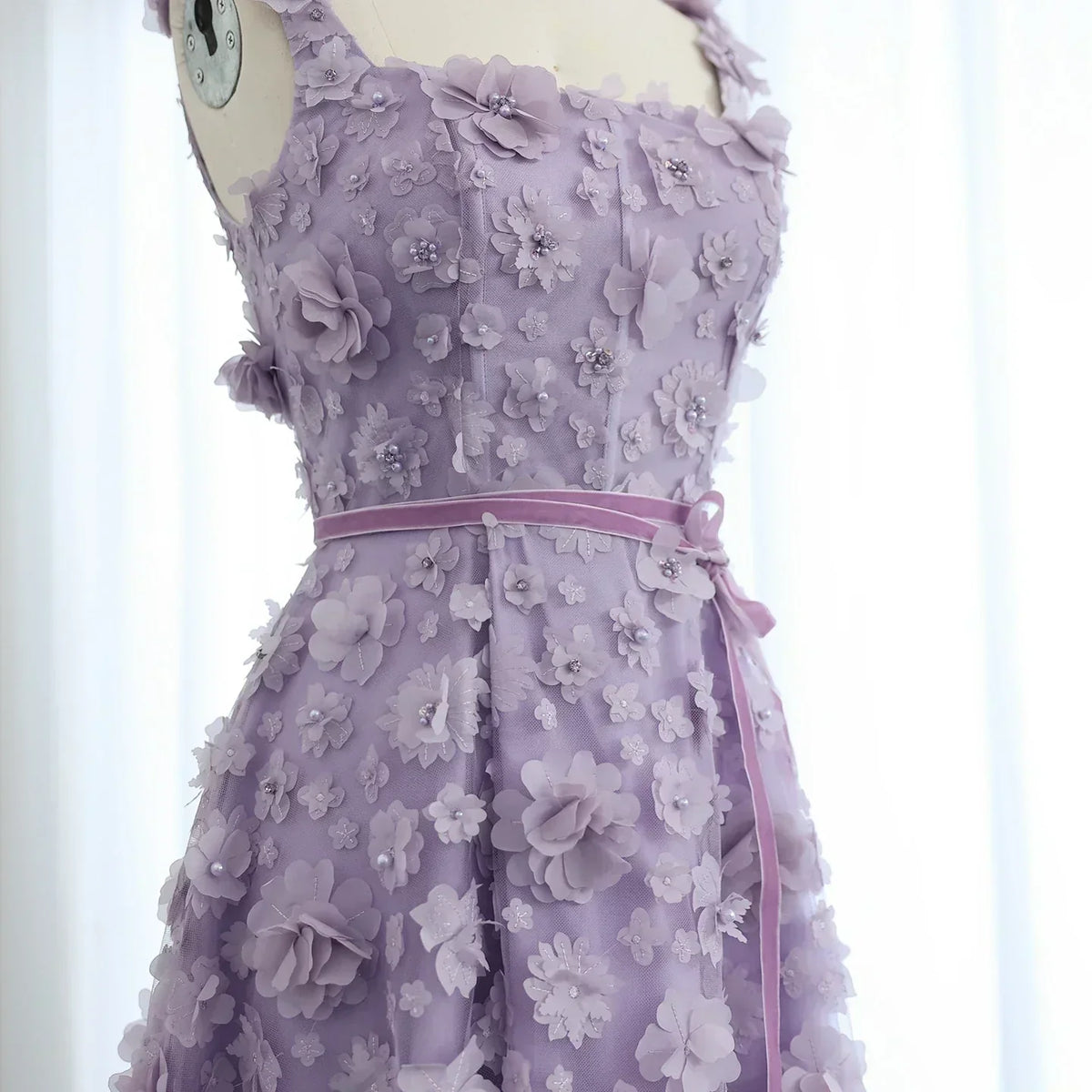 3D Floral Applique Square Neck High Split Tulle A-Line Gown - View 3