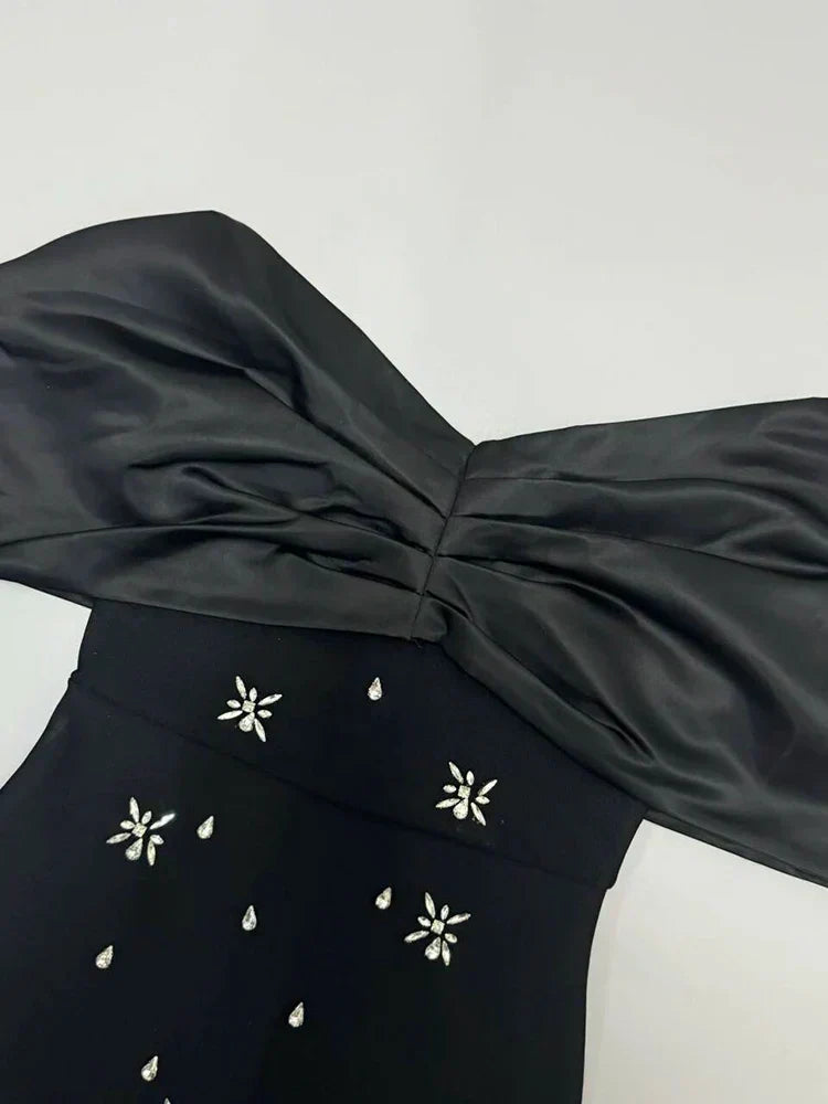 Off Shoulder Satin Bow Rhinestone Embellished Bodycon Midi Dress - View 4