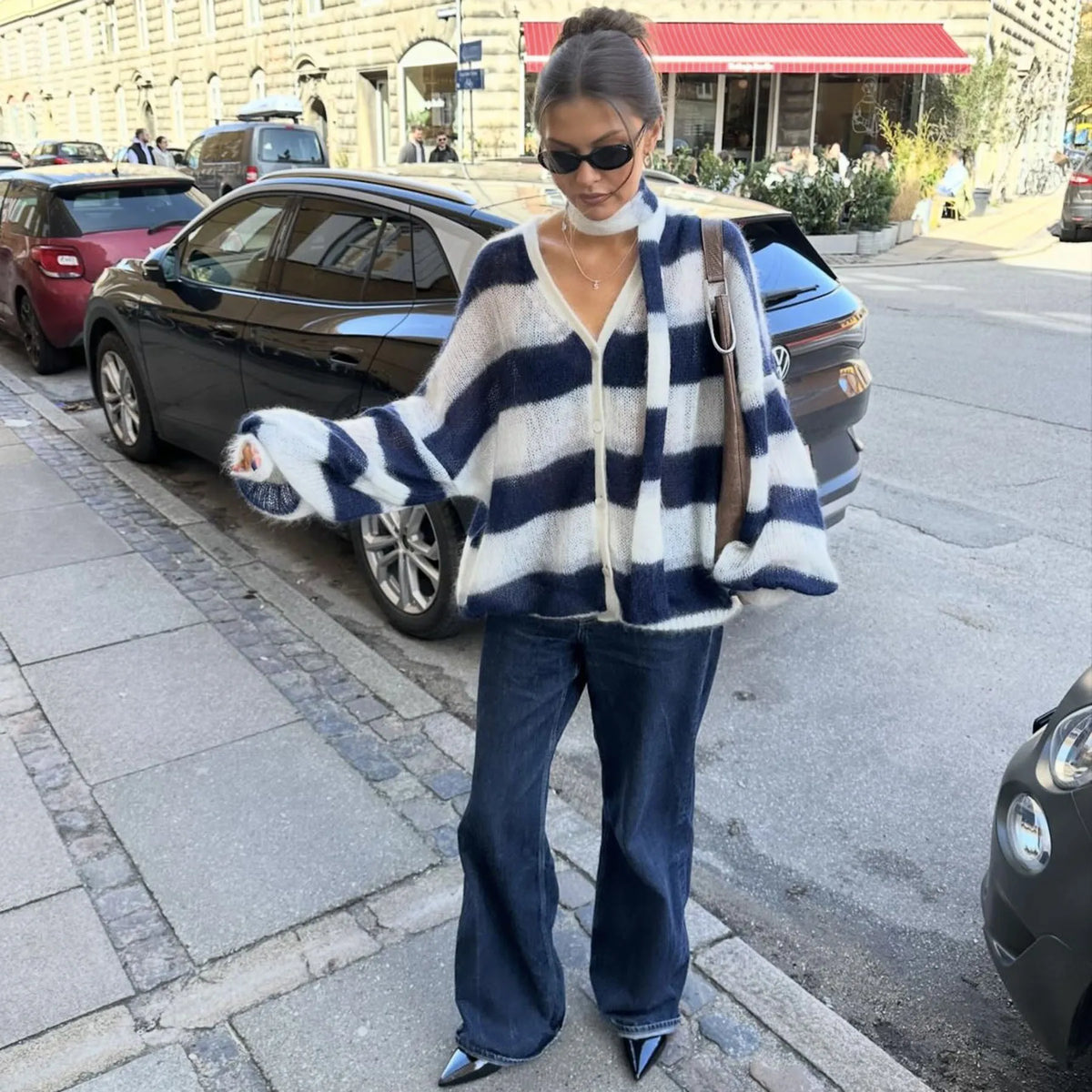 Striped Lantern Sleeve Button Knit Cardigan