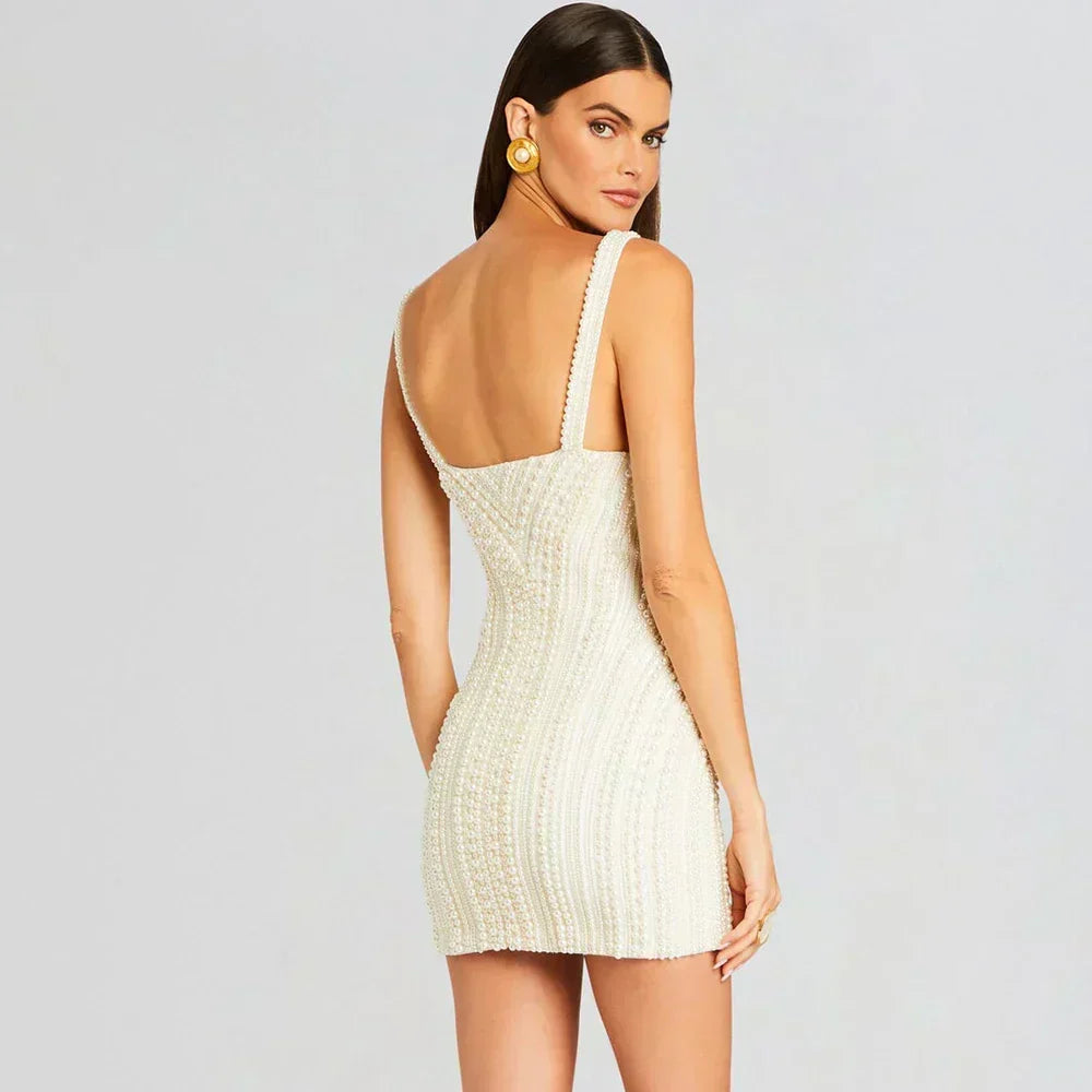White Spaghetti Strap Diamonds Mini Dress - View 4