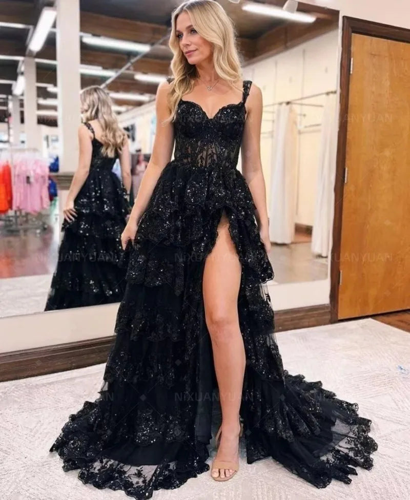 Sequin Lace Sweetheart Corset Tiered High Split A-Line Prom Gown