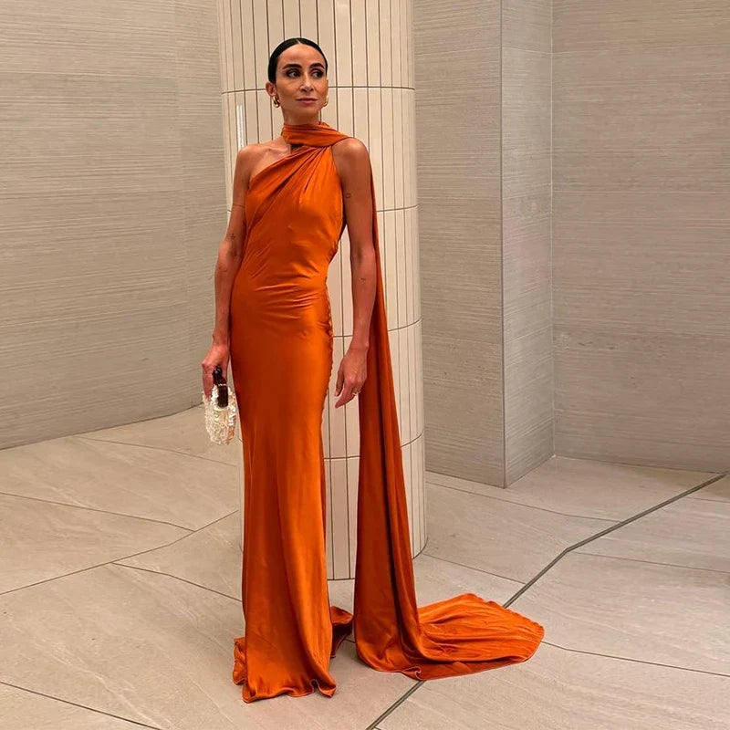Satin Halter Neck Asymmetric Draped Sash Floor Length Gown - View 7
