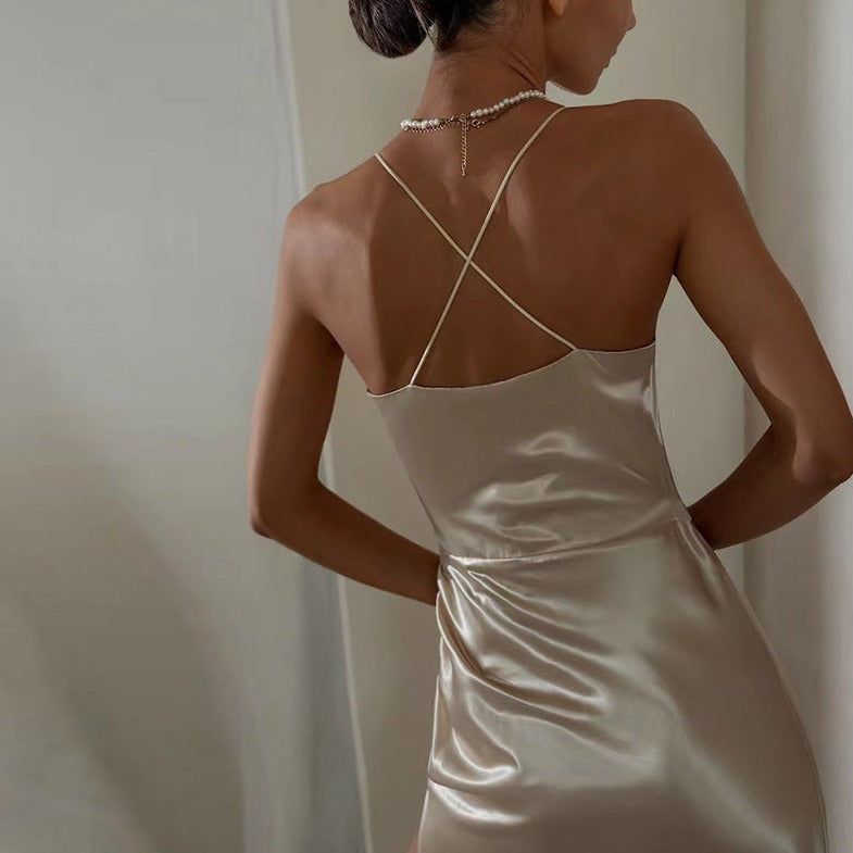 Satin V-Neck Ruched Wrap Thigh-Split Midi Dress 9