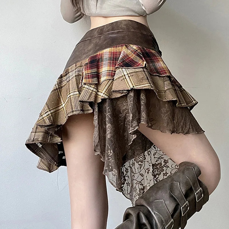 Asymmetrical Lace Stripes Plaid Skirt