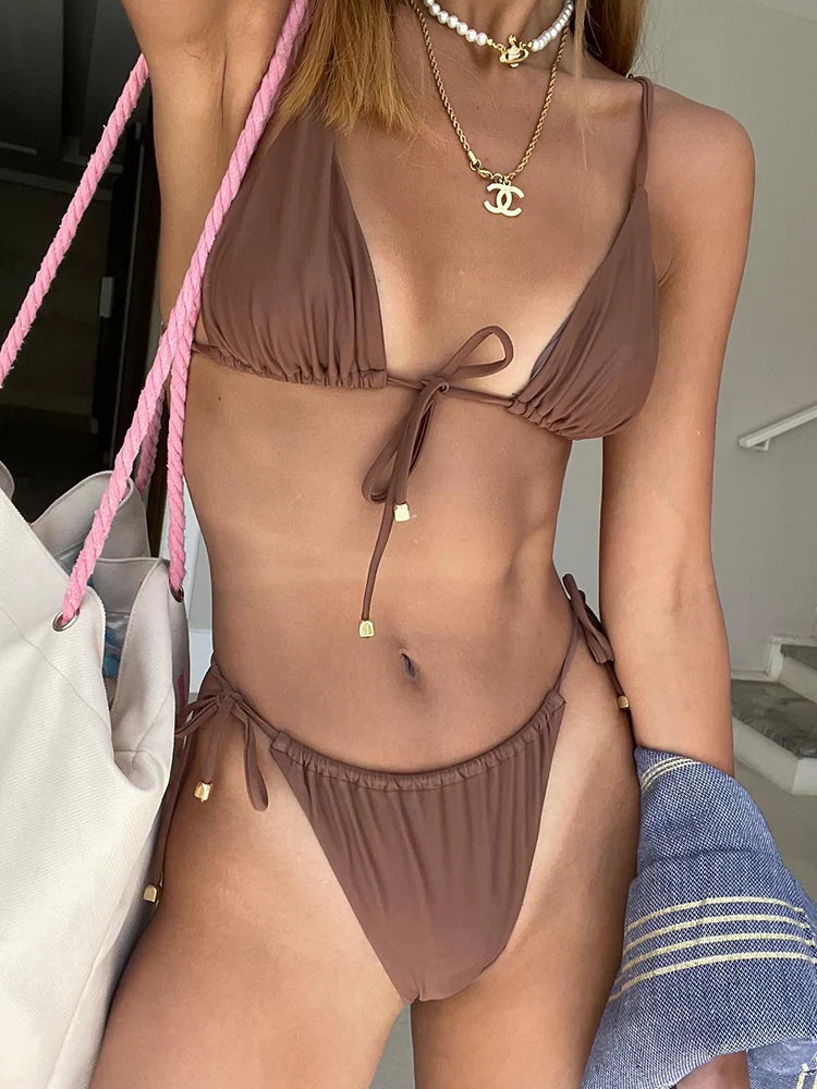 Brown Front Tie Bikini Set - Fashionpara