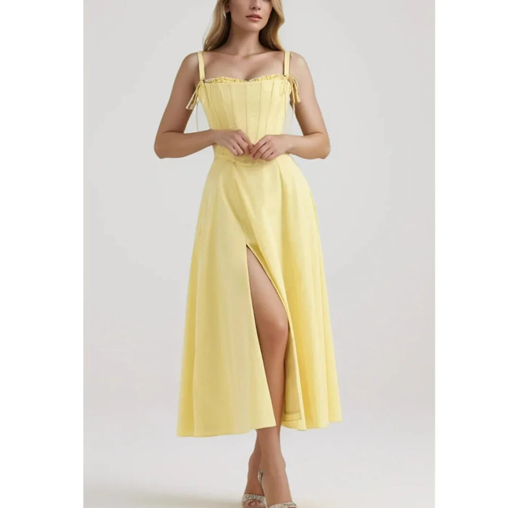 Corset Tie Shoulder Square Neck Ruffle High Split Midi Dress - View 7