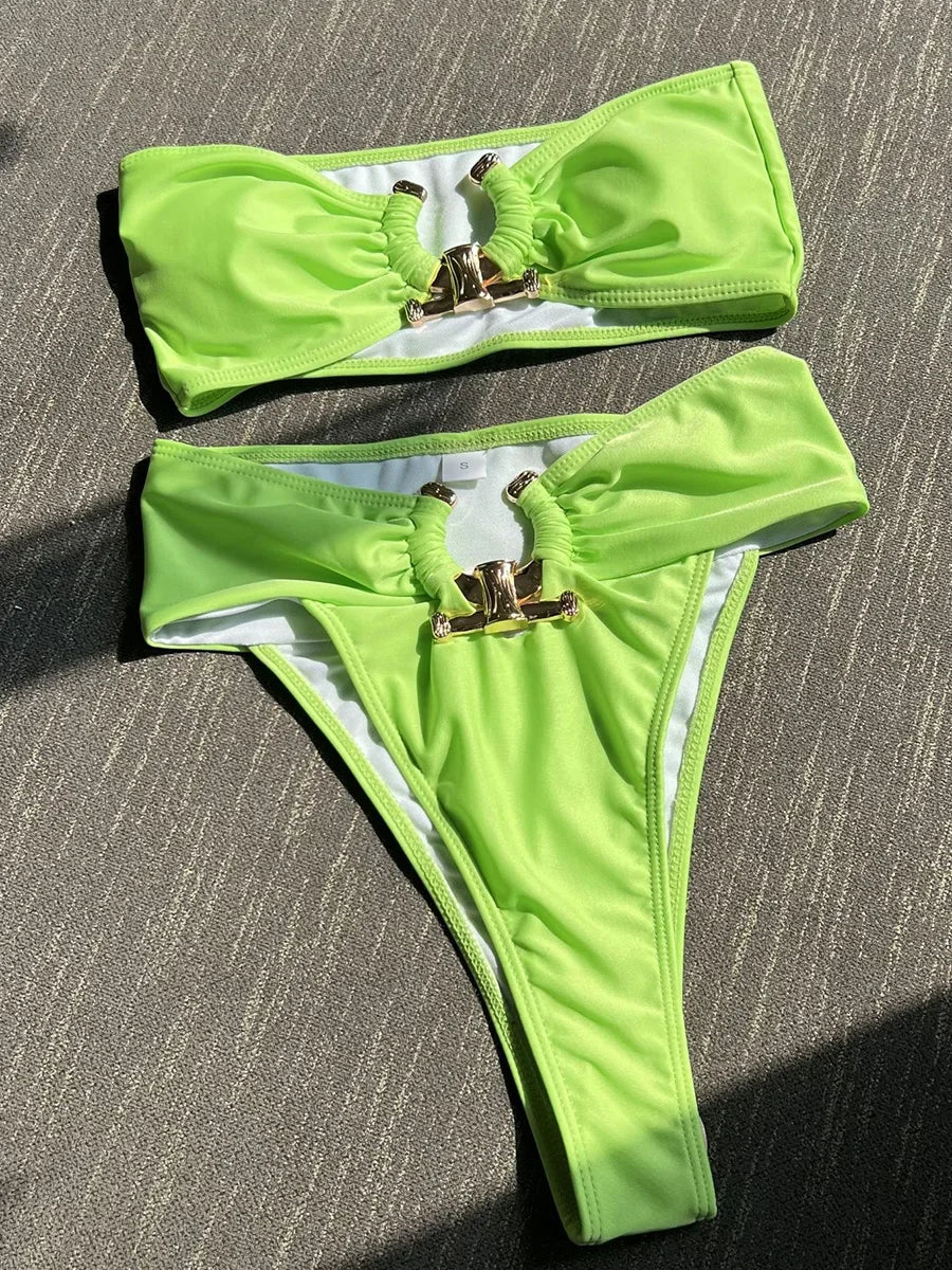 Metal Buckle High Waist Bikini Set