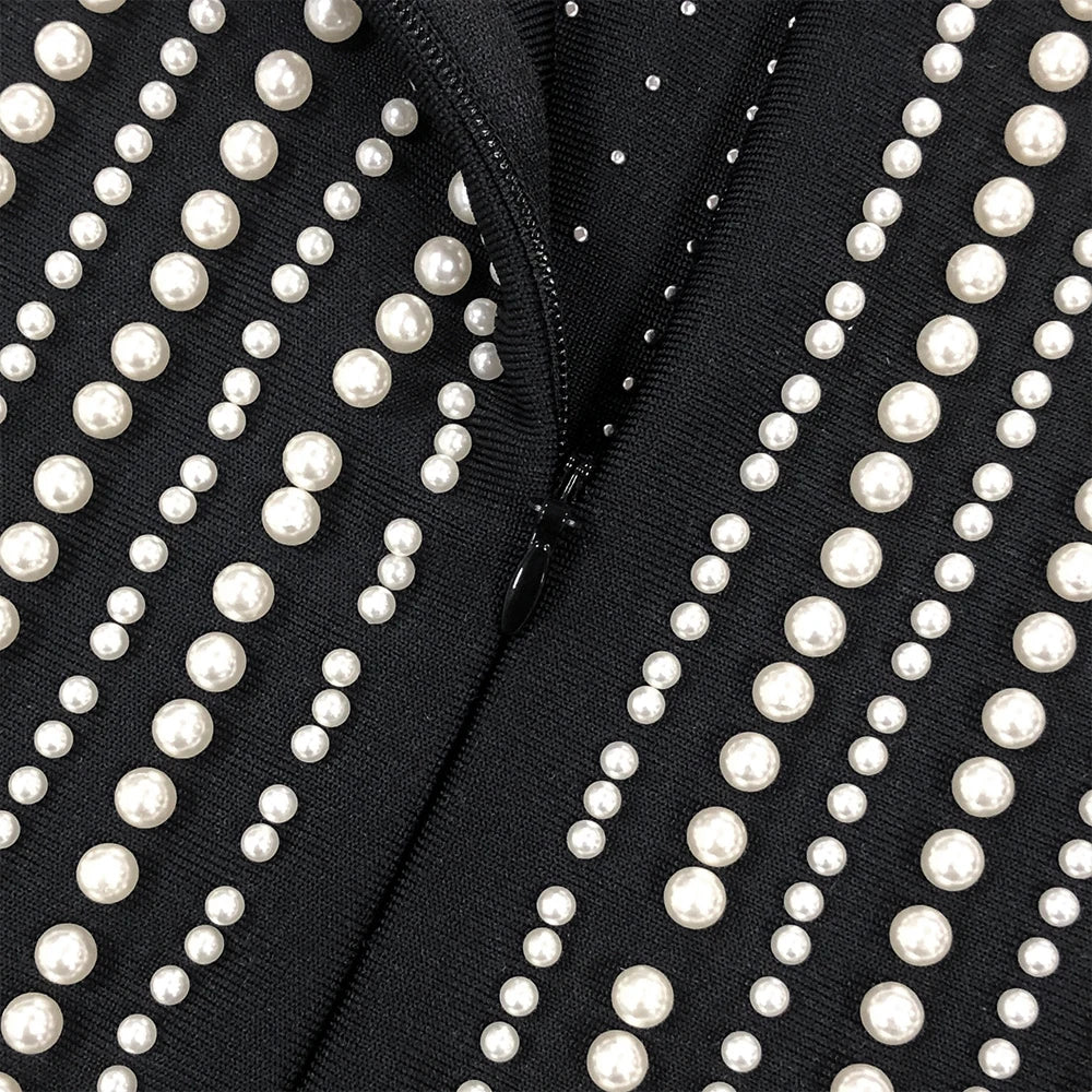 Sexy Black Luxury Pearls Tassels Bodycon Strapless Prom Bandage Dress Sexy Celebrity Evening Runway Cocktail Party Dress