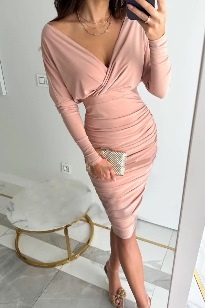 Deep V-Neck Long Sleeve Ruched Wrap Bodycon Midi Party Dress