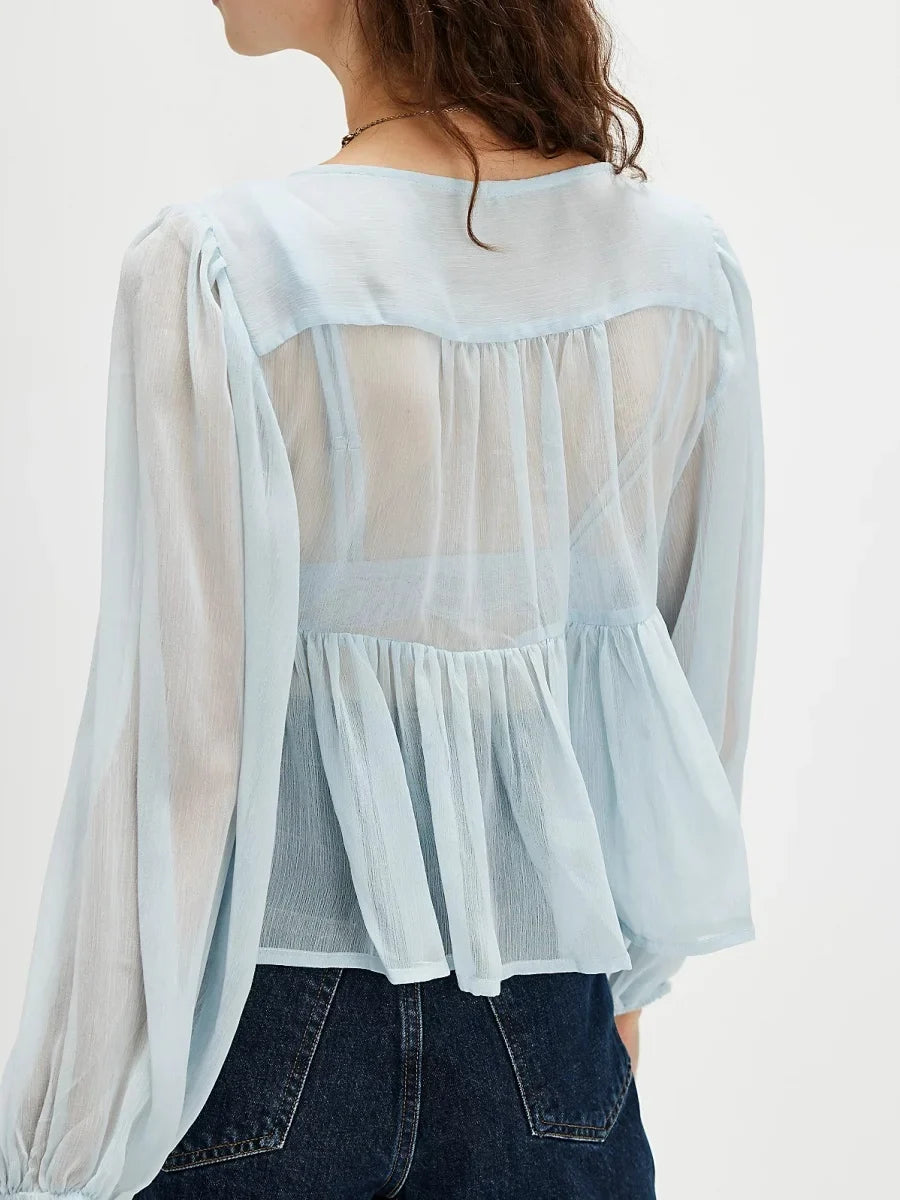 Women Ruffle Lace Chiffon Tie Chiffon Blouse