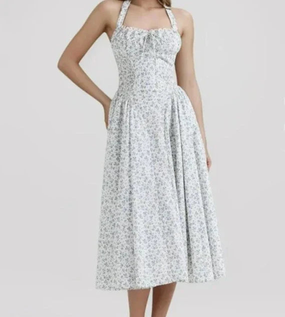 Floral Halter Neck Bow Fit and Flare Midi Dress