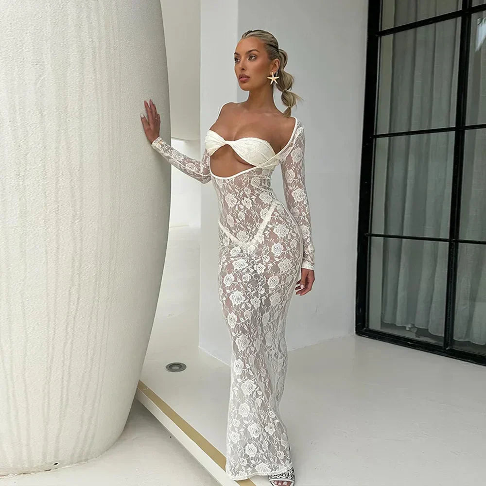 Perspective Lace Hollow Out Bodycon Maxi Dress - View 19