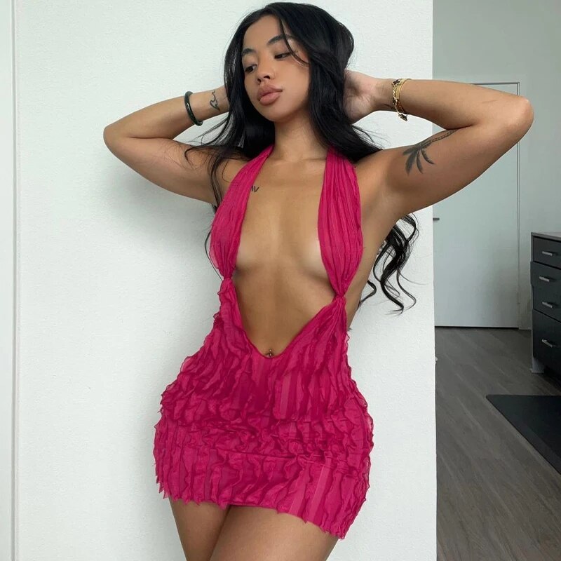 Halter Neck Plunge Backless Textured Mini Dress 2