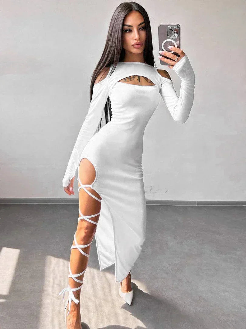 Hollow Lace Up Slit Sleeve Midi Dress - View 8