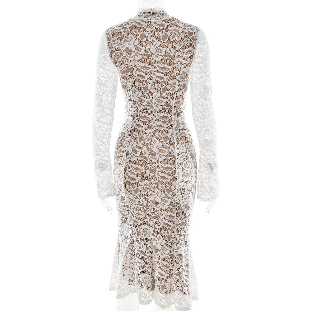 Lace White Long Sleeve Turtleneck Dress - View 8