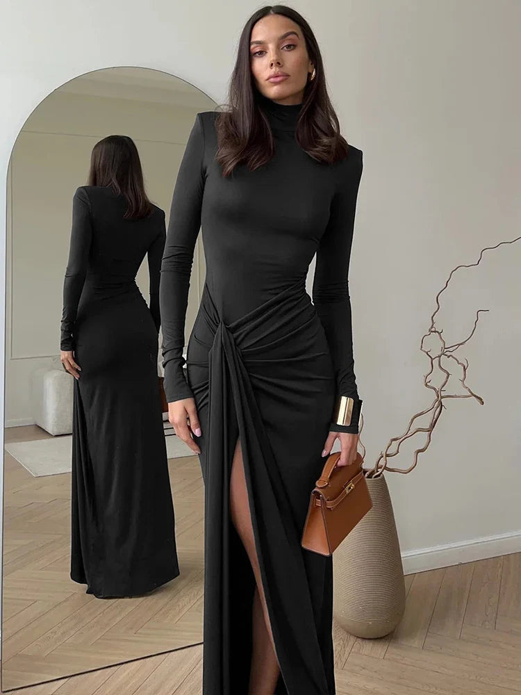 Turtleneck Draped Sleeve Split Bodycon Dress