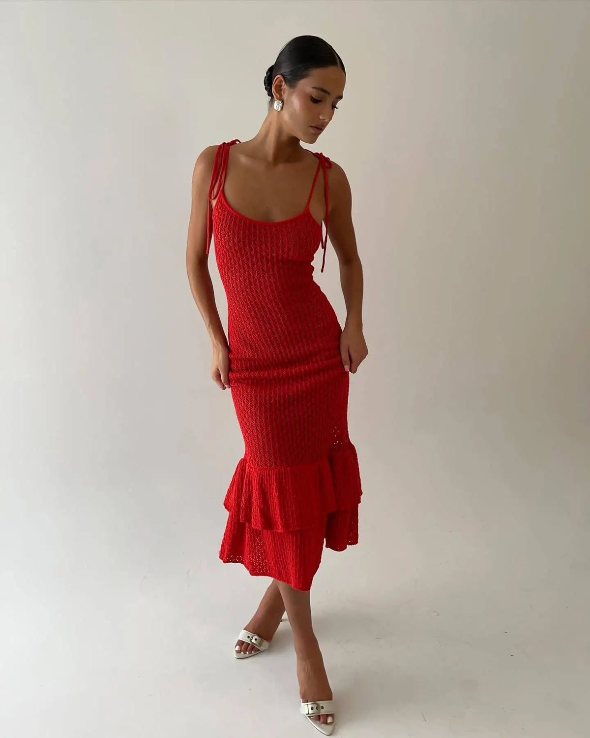 Crochet Maxi Dress with Ruffle Trim - View 9