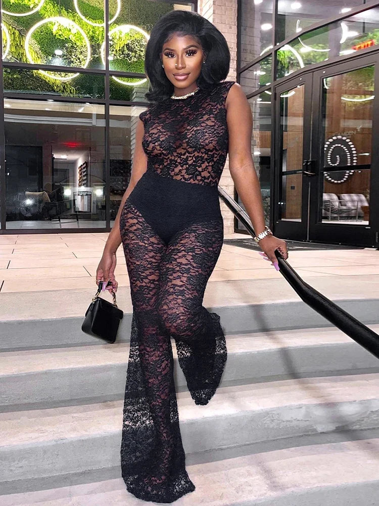 Mesh See Through Flared Two Piece Pants Set