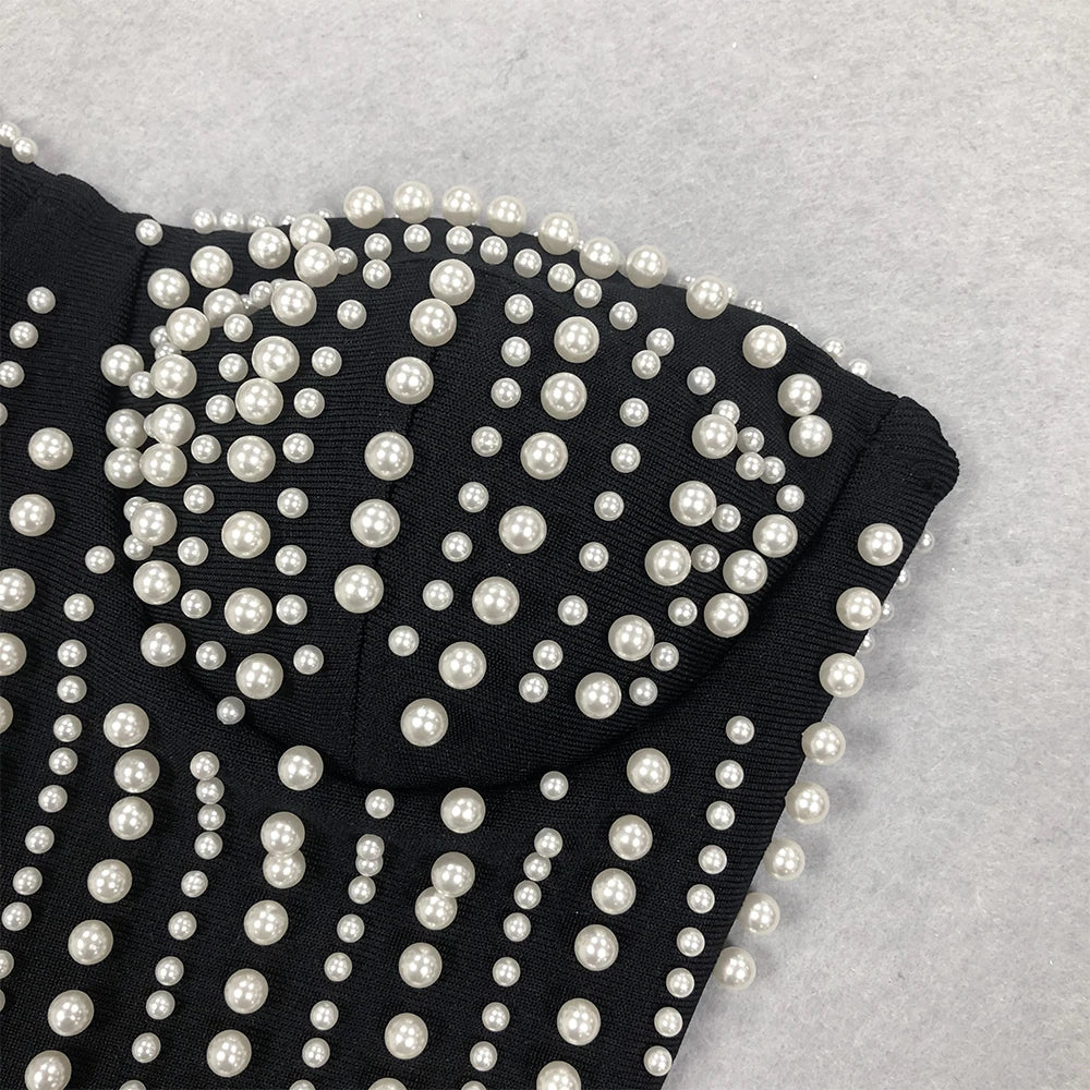 Sexy Black Luxury Pearls Tassels Bodycon Strapless Prom Bandage Dress Sexy Celebrity Evening Runway Cocktail Party Dress