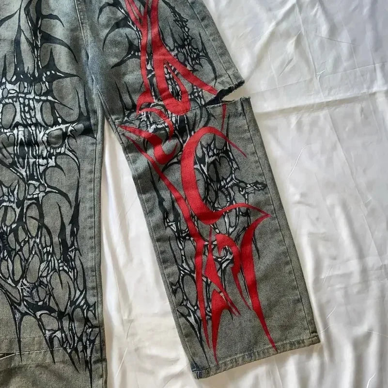 High-Street Printed Wide-Leg Denim Pants