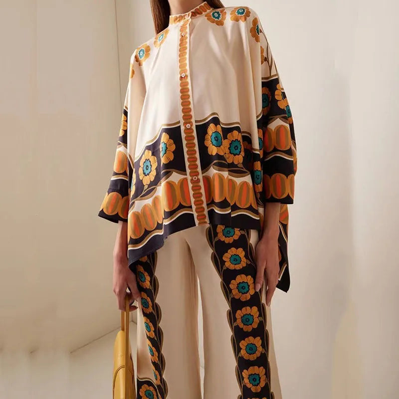 Elegant Women's Long Sleeve Button Shirt and Wide Leg Pants Set