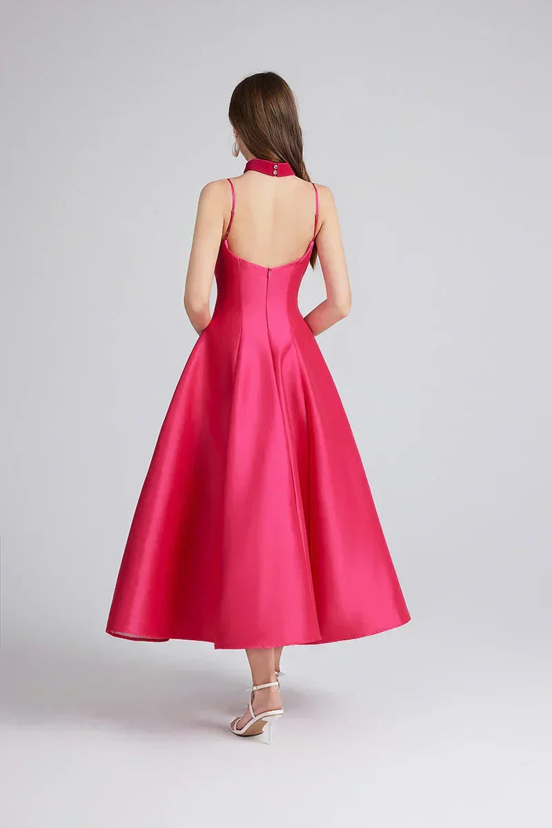 Satin Sweetheart Spaghetti Strap Fit and Flare Midi Dress - View 3