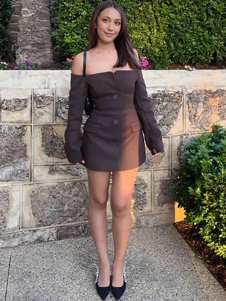 Off Shoulder Button Front Long Sleeve Blazer Mini Dress - View 6