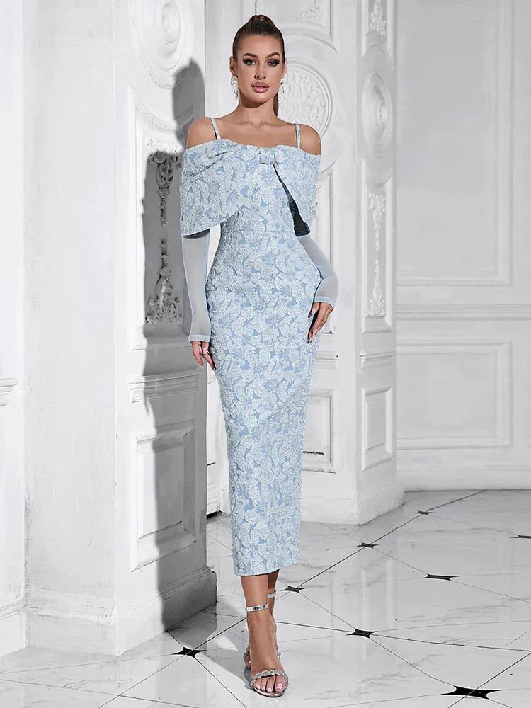 Off Shoulder Long Sleeve Jacquard High Split Midi Dress
