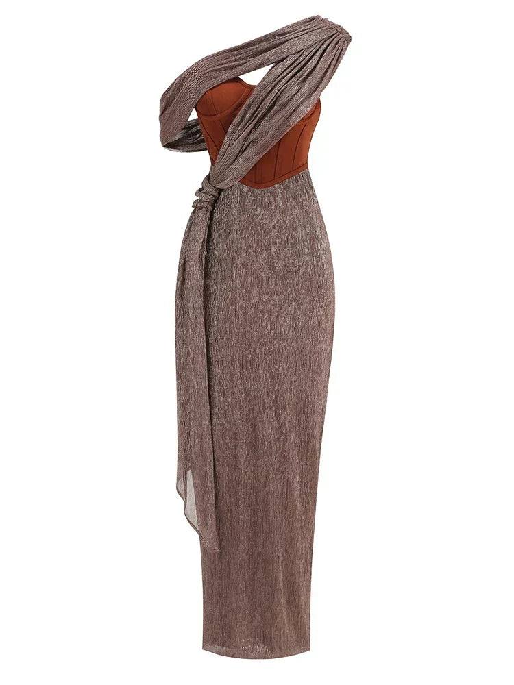 One Shoulder Draped Glitter Brown Maxi Dress - View 9