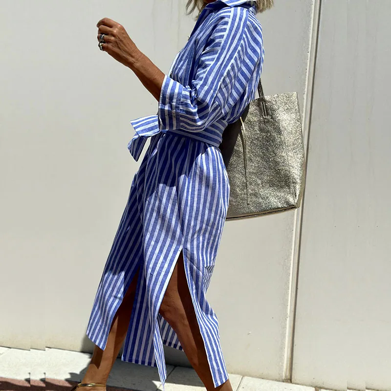 Collared Button Front Long Sleeve Striped Shirt Dress 4