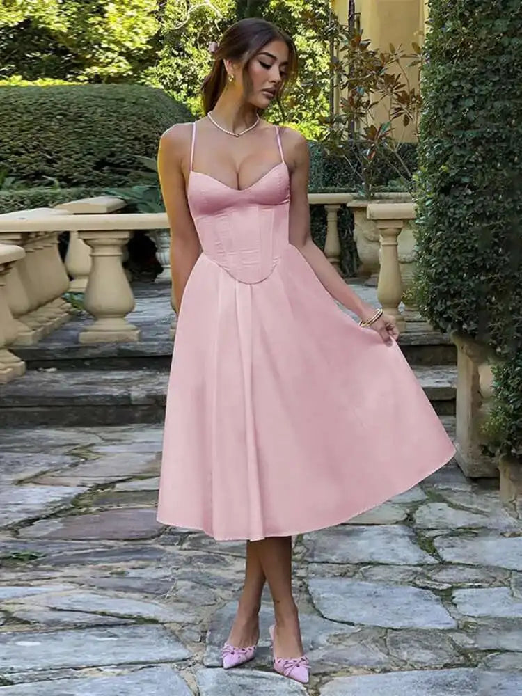 Sweetheart Corset Spaghetti Strap Fit-and-Flare Midi Dress