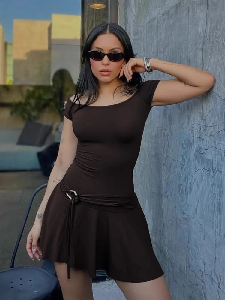 Off Shoulder Ruched Ring Buckle Belt Ruffle Hem Mini Dress - View 5
