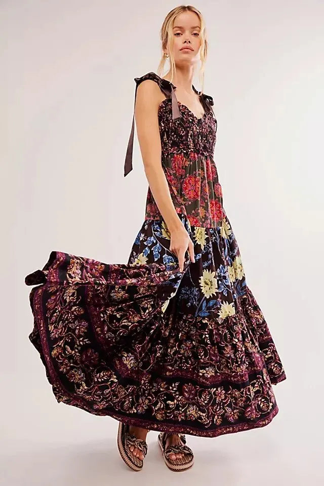 Shirring Chest Strap Floral Sleeveless Boho Dress