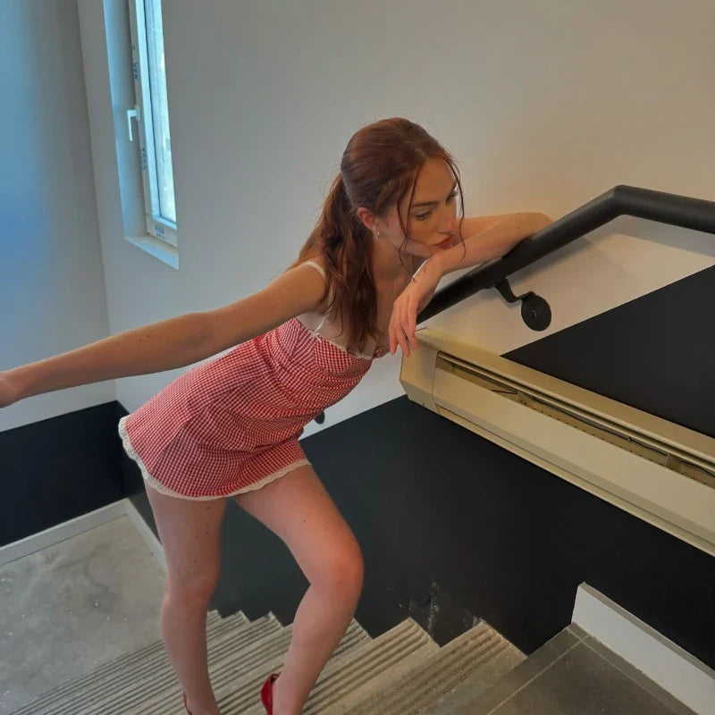 Plaid Lace Backless Casual Slim Evening Slip Dress - Fashionpara