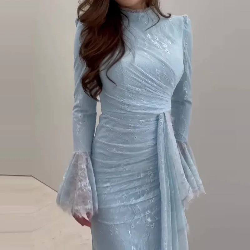 Elegant Turtleneck Lace Embroidery Long Sleeve Dress
