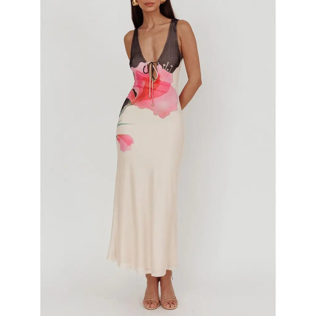 Floral Print V-Neck Tie-Front Slip Maxi Dress 7