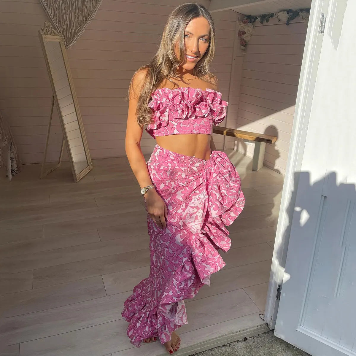 Lace Solid Bikini With Strappy Skirt Three Piece Set