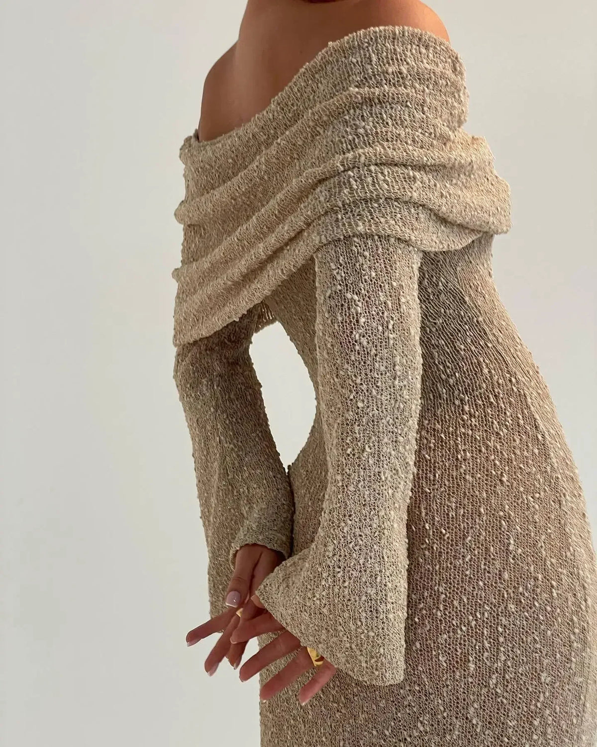 Hollow Knitted Off Shoulder Midi Dress