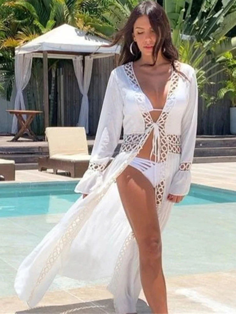 Deep V-Neck Hollow Out Bikini Cover Up