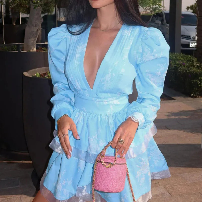 Elegant Flower Print A-Line Dress with V-Neck and Long Sleeves