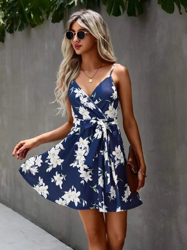 Floral V-Neck Wrap Belted Fit and Flare Mini Dress 3