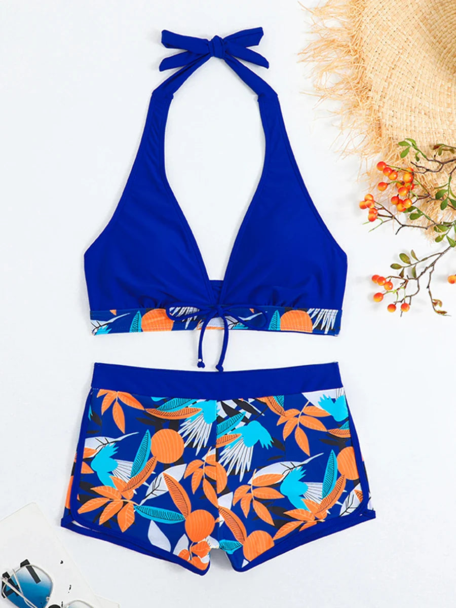 Leaf Print Knot Front Halter Two Piece Set
