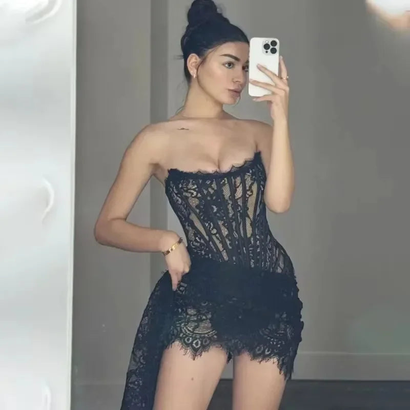 Sheer Patchwork Strapless Slim Lace Dress - View 2