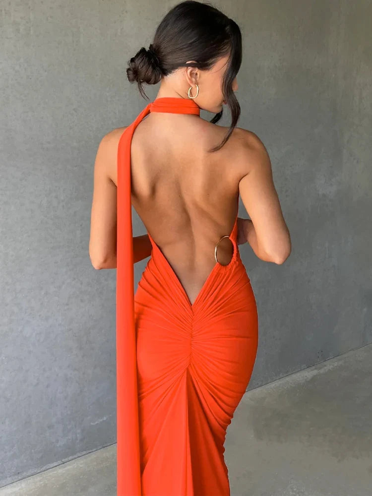 One Shoulder Scarf Ruched Maxi Dress