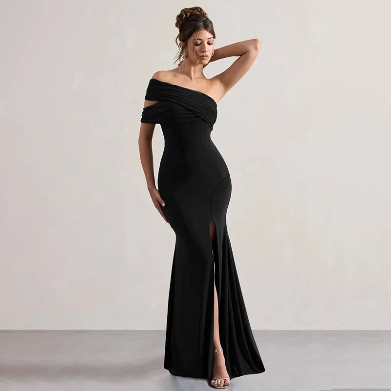 Solid One Shoulder Mesh Slit Long Dress - View 10
