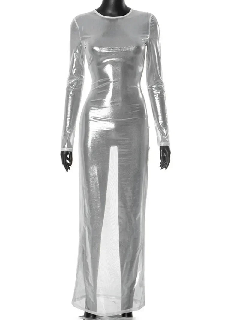 Mesh Long Sleeve Crew Neck Bodycon Maxi Dress - View 16